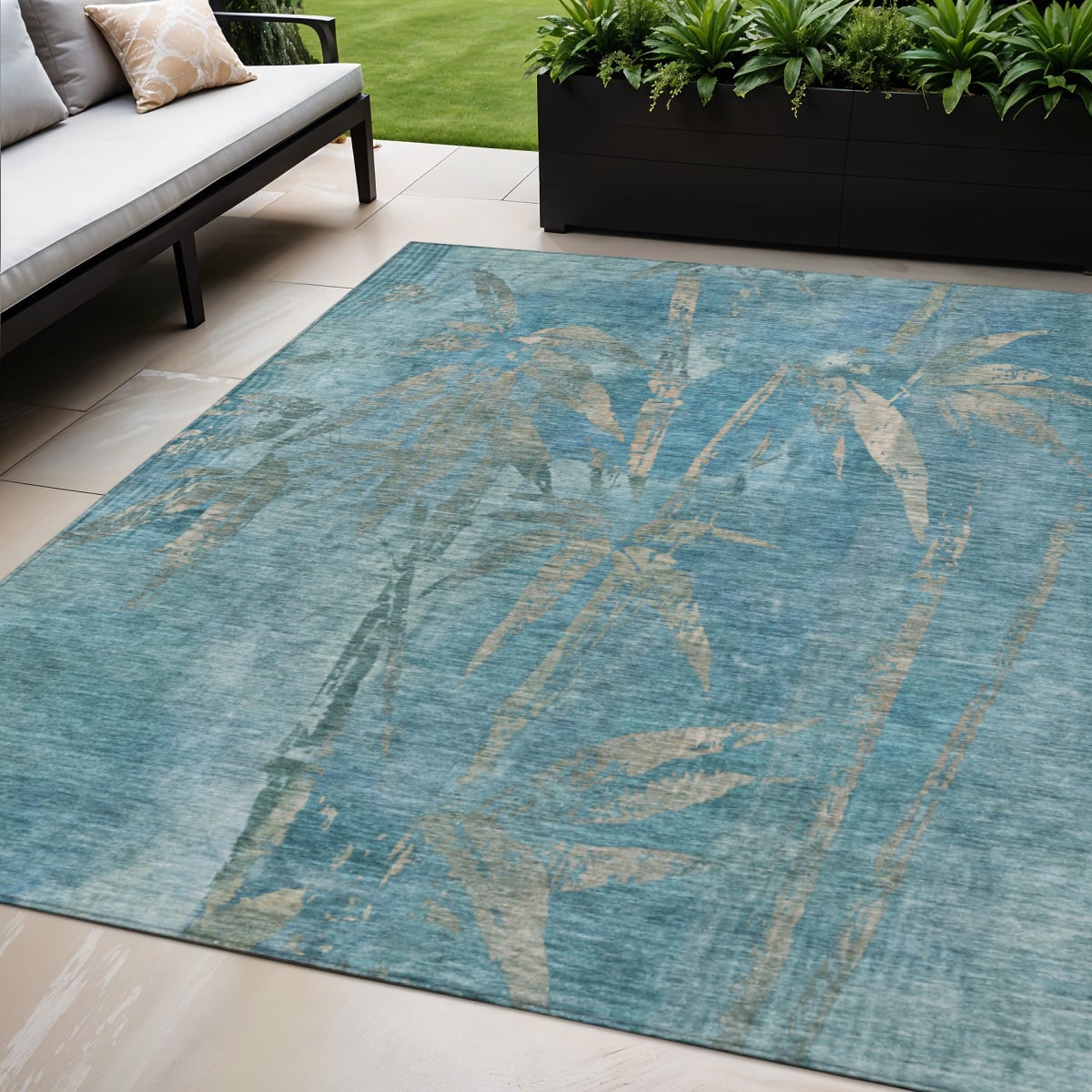 639234 5 x 8 ft. Pale Aqua & Beige Botanical Leaves Washable Transitional Indoor & Outdoor Rectangle Area Rug