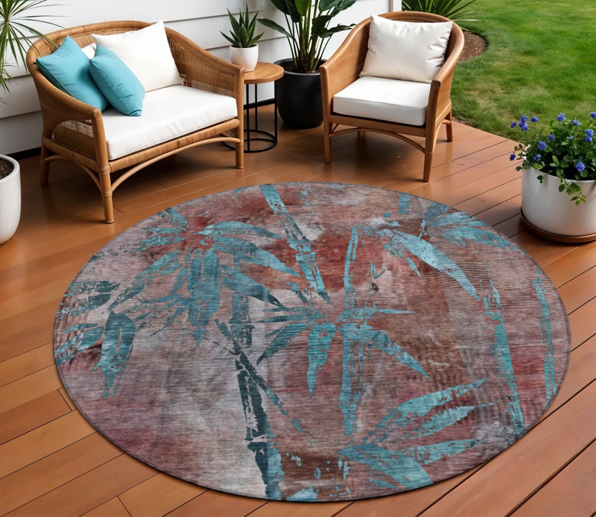 639247 8 ft. Terra Cotta & Teal Blue Botanical Leaves Washable Transitional Indoor & Outdoor Round Area Rug