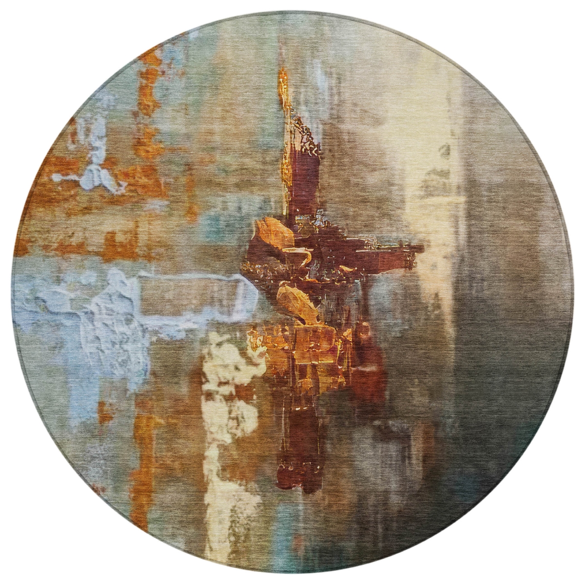637394 8 ft. Rust Teal, Blue & Beige Abstract Washable Transitional Indoor & Outdoor Round Area Rug