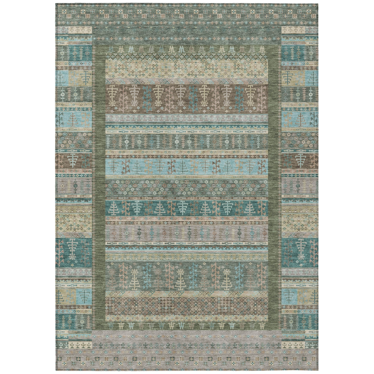 637439 10 x 14 ft. Artichoke Green Teal, Blue & Beige Striped Washable Transitional Indoor & Outdoor Rectangle Area Rug