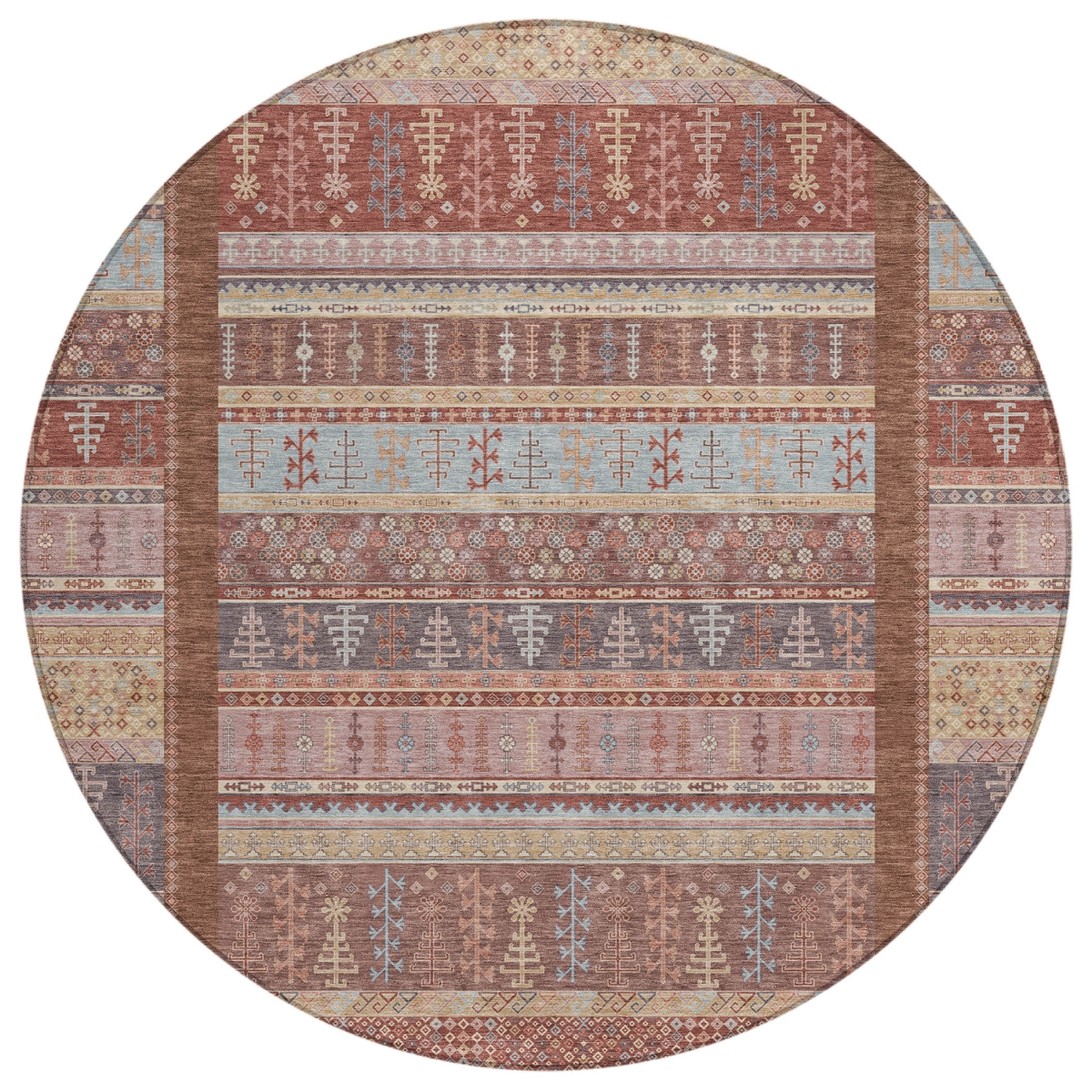 637454 8 ft. Rust Coral & Beige Striped Washable Transitional Indoor & Outdoor Round Area Rug