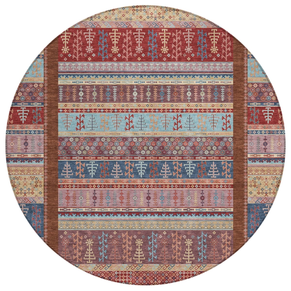 637466 8 ft. Red Beige & Sky Blue Striped Washable Transitional Indoor & Outdoor Round Area Rug