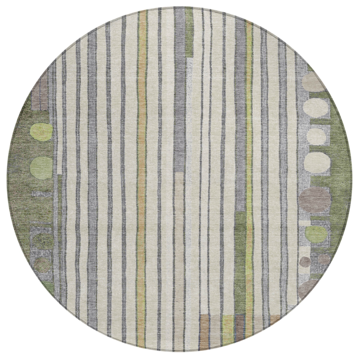 638147 8 ft. Olive Green, Ivory & Lavender Geometric Washable Transitional Indoor & Outdoor Round Area Rug