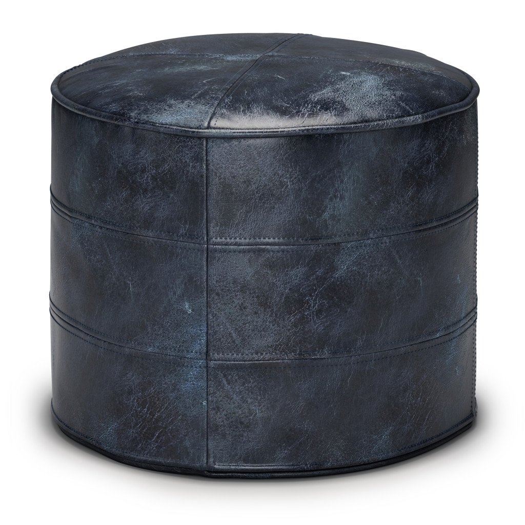 638577 14 x 18 x 18 in. Blue Leather Round Pouf Ottoman