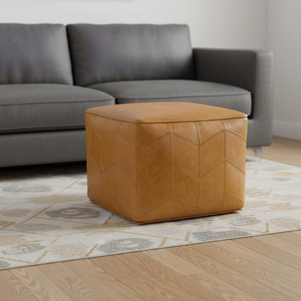 638579 18 in. Brown Leather Pouf Ottoman
