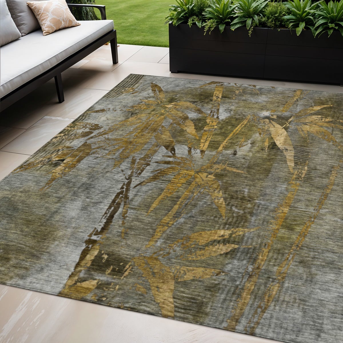 639222 5 x 8 ft. Pewter & Gold Botanical Leaves Washable Transitional Indoor & Outdoor Rectangle Area Rug