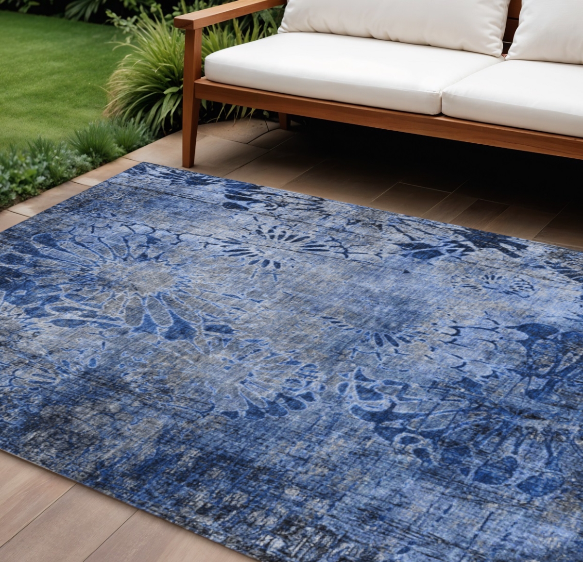 639298 10 x 14 ft. Navy Blue & Gray Floral Washable Transitional Indoor & Outdoor Rectangle Area Rug
