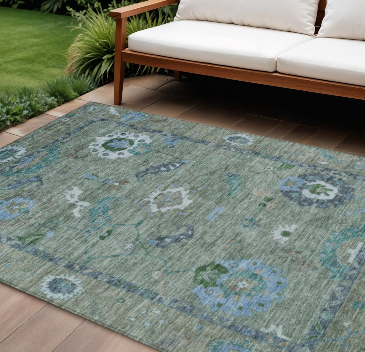 639472 10 x 14 ft. Artichoke Green & Denim Blue Floral Medallion Washable Traditional Indoor & Outdoor Rectangle Area Rug