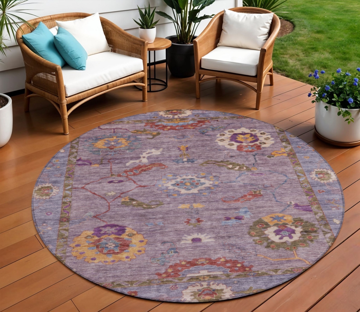 639487 8 ft. Plum Gold & Red Floral Medallion Washable Traditional Indoor & Outdoor Round Area Rug