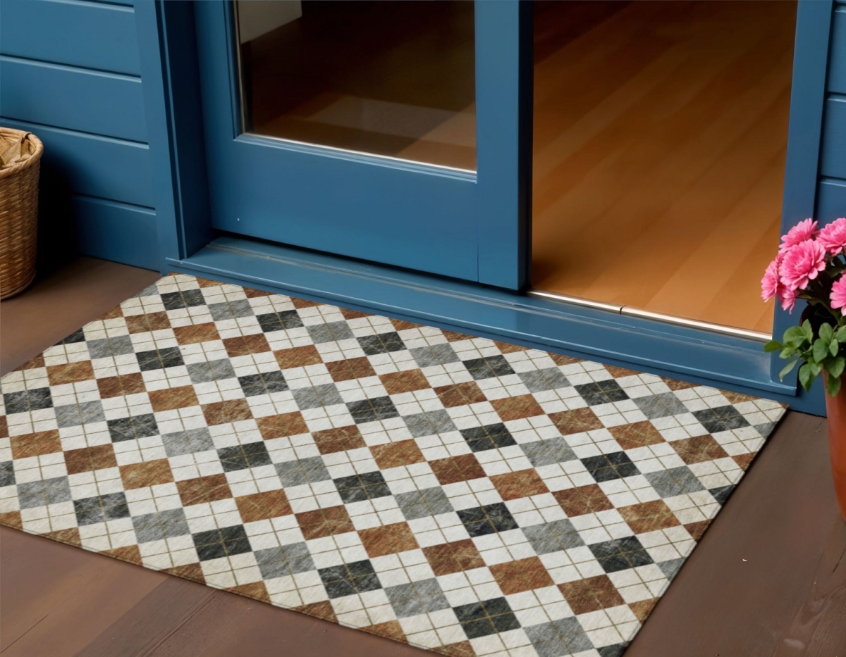 639809 3 x 5 ft. Terra Cotta Ivory & Gray Geometric Washable Transitional Indoor & Outdoor Rectangle Area Rug