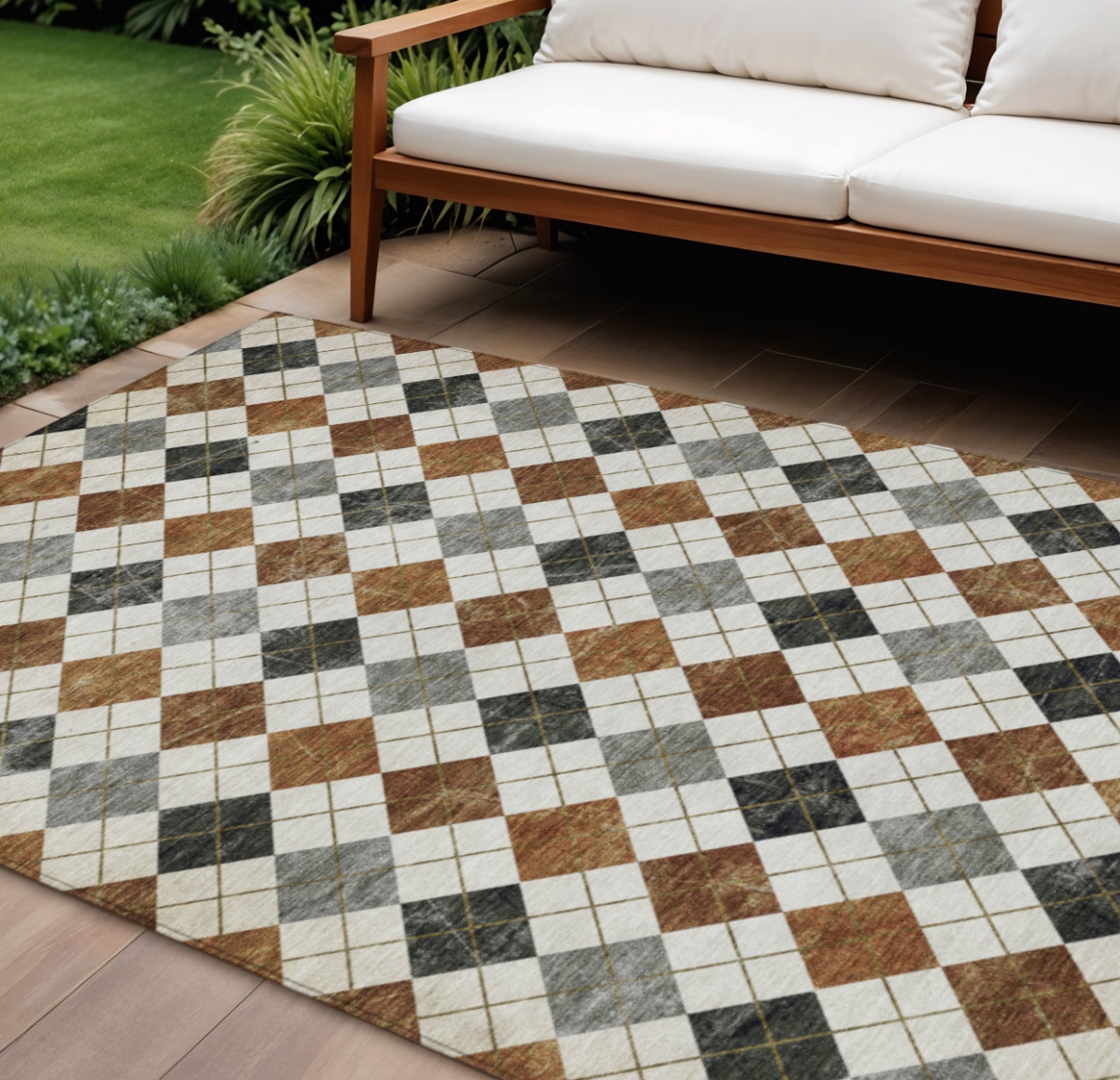639812 8 x 10 ft. Terra Cotta Ivory & Gray Geometric Washable Transitional Indoor & Outdoor Rectangle Area Rug