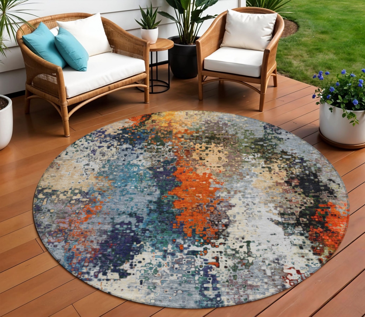 639982 8 ft. Blue Orange & Ivory Abstract Washable Transitional Indoor & Outdoor Round Area Rug