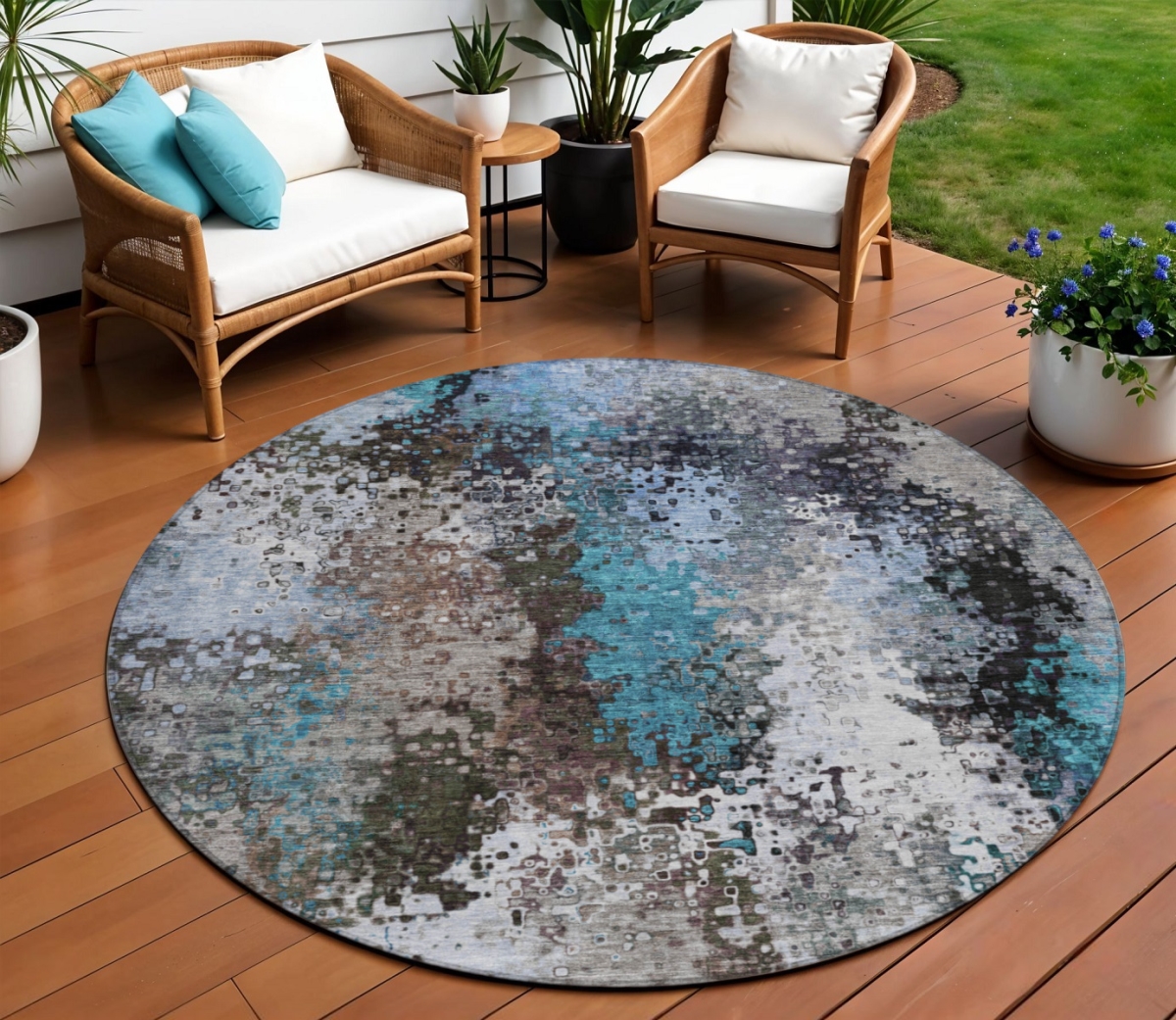 640012 8 ft. Khaki Ivory & Blue Abstract Washable Transitional Indoor & Outdoor Round Area Rug