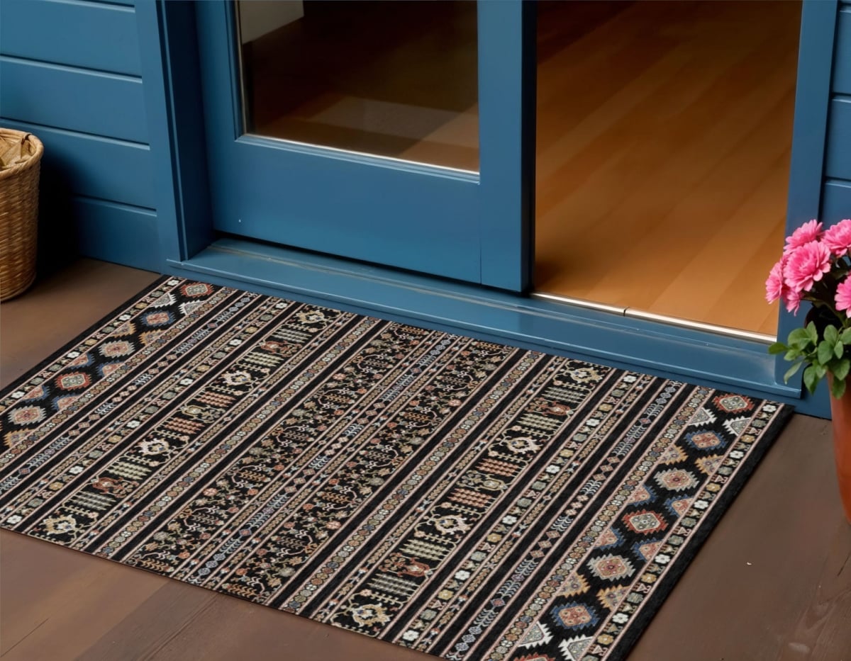 640028 3 x 5 ft. Black Blue & Copper Tribal Washable Transitional Indoor & Outdoor Rectangle Area Rug