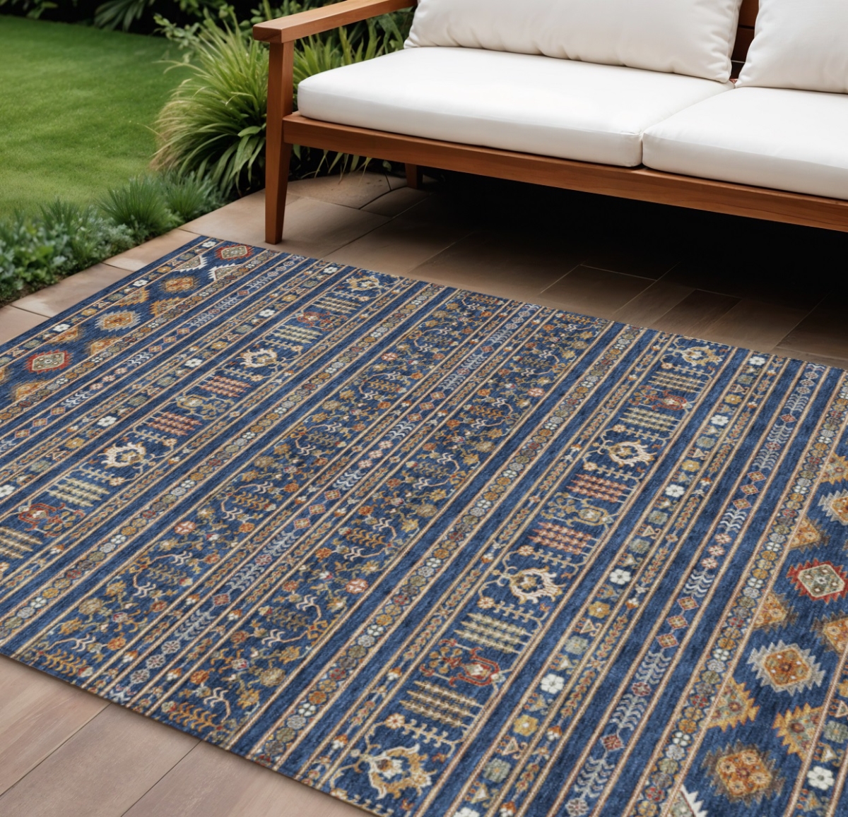 640056 9 x 12 ft. Navy Blue Copper & Gold Tribal Washable Transitional Indoor & Outdoor Rectangle Area Rug