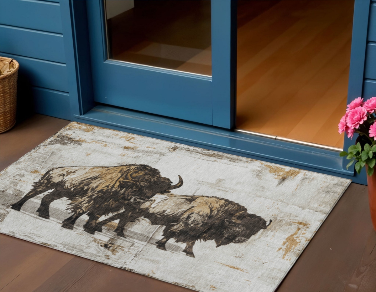 640083 5 x 8 ft. Khaki Black & Ivory Animal Print Washable Transitional Indoor & Outdoor Rectangle Area Rug