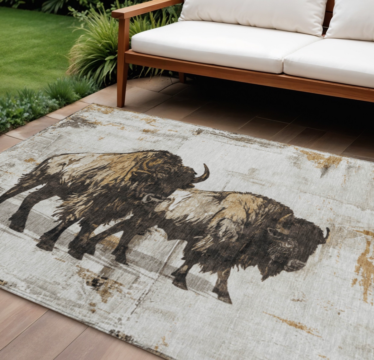 640088 3 x 5 ft. Beige, Ivory & Charcoal Animal Print Washable Transitional Indoor & Outdoor Rectangle Area Rug