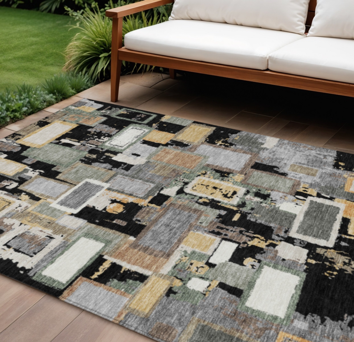 640099 10 x 14 ft. Black Gold & Ivory Geometric Washable Transitional Indoor & Outdoor Rectangle Area Rug