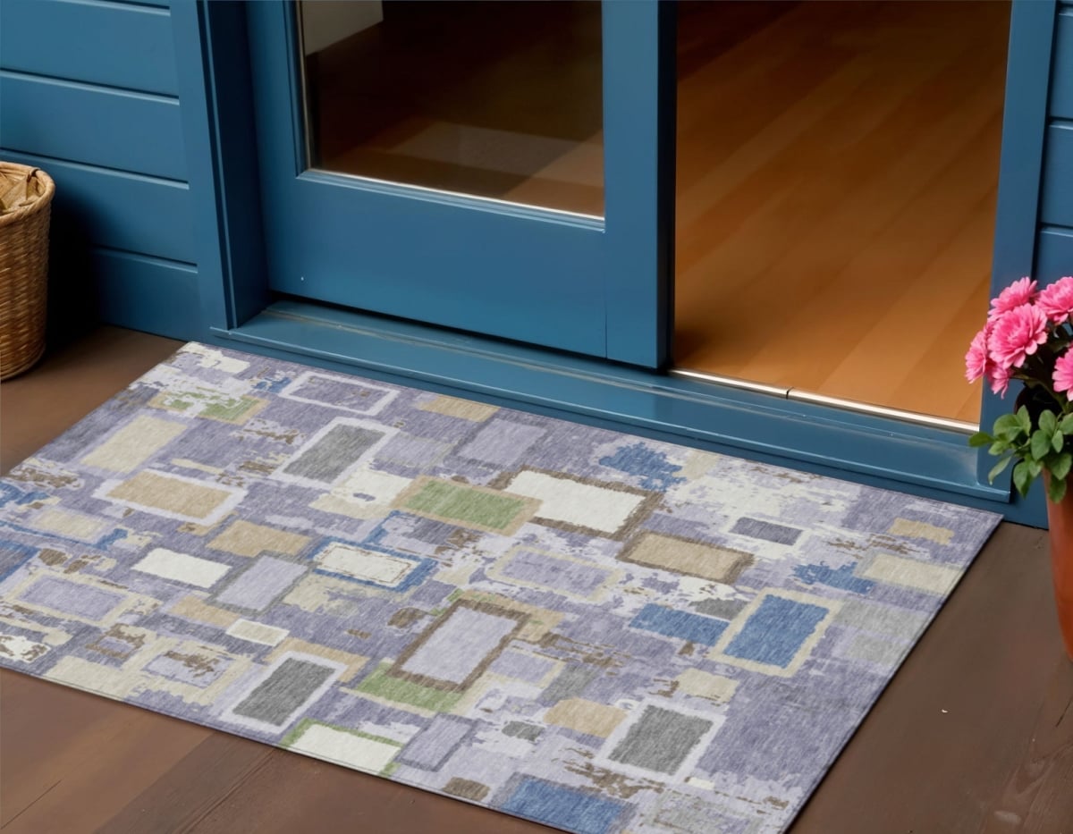 640118 3 x 5 ft. Purple Tan & Ivory Geometric Washable Transitional Indoor & Outdoor Rectangle Area Rug