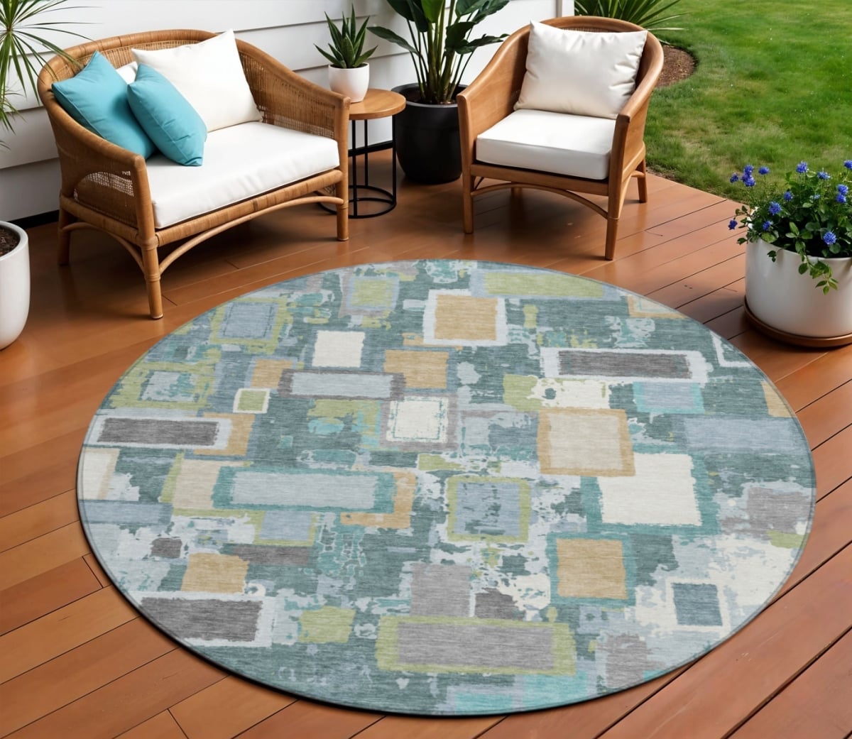 640126 8 ft. Teal Blue, Green & Ivory Geometric Washable Transitional Indoor & Outdoor Round Area Rug