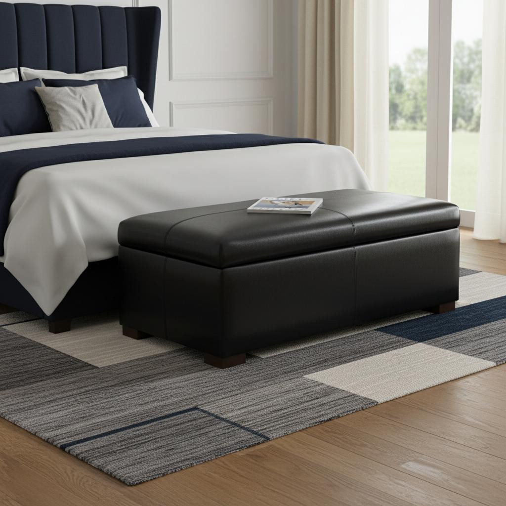 640266 48 in. Walnut & Black Upholstery Storage Ottoman