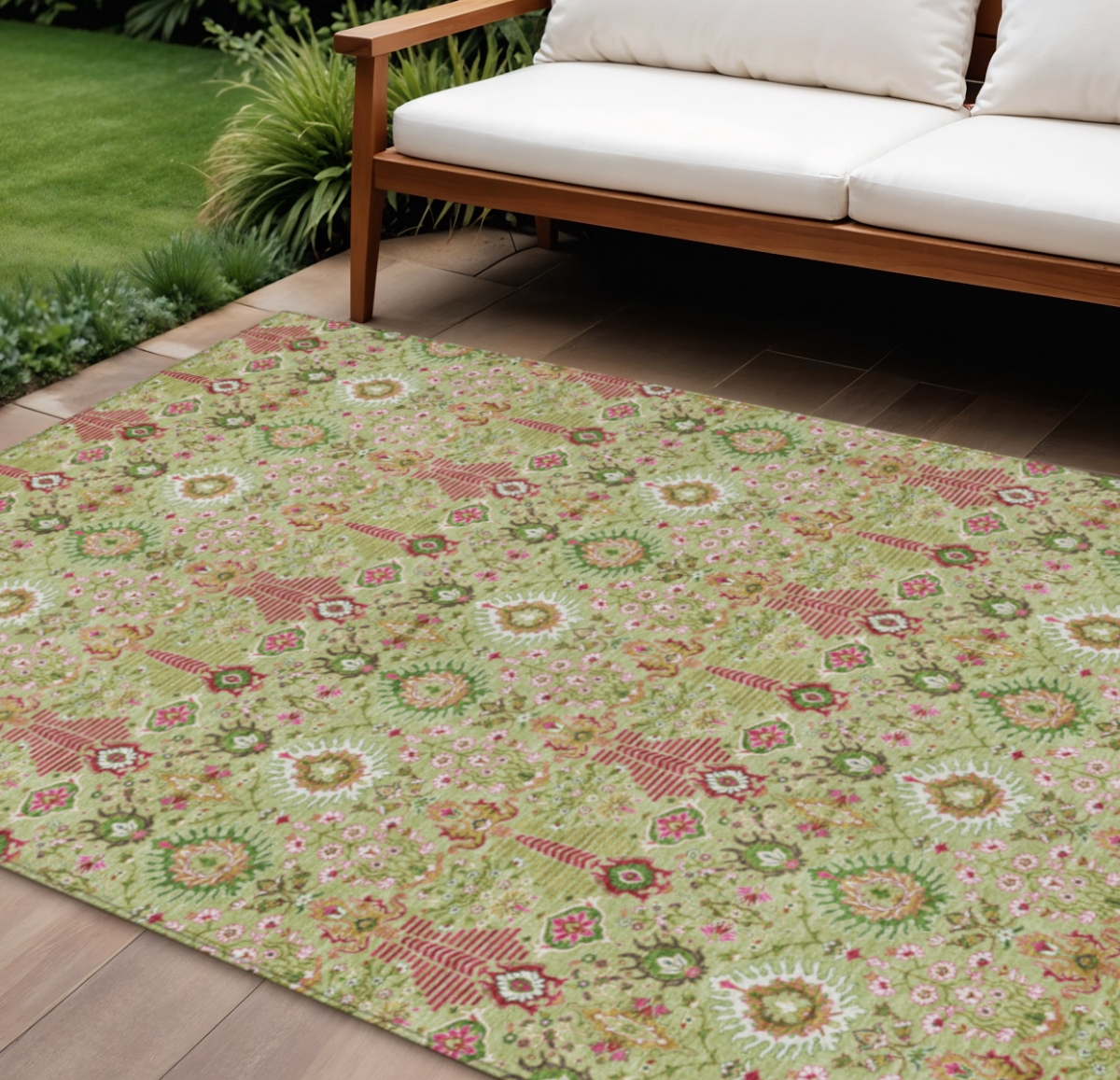 640469 8 x 10 ft. Artichoke Green & Blush Floral Washable Traditional Indoor & Outdoor Rectangle Area Rug