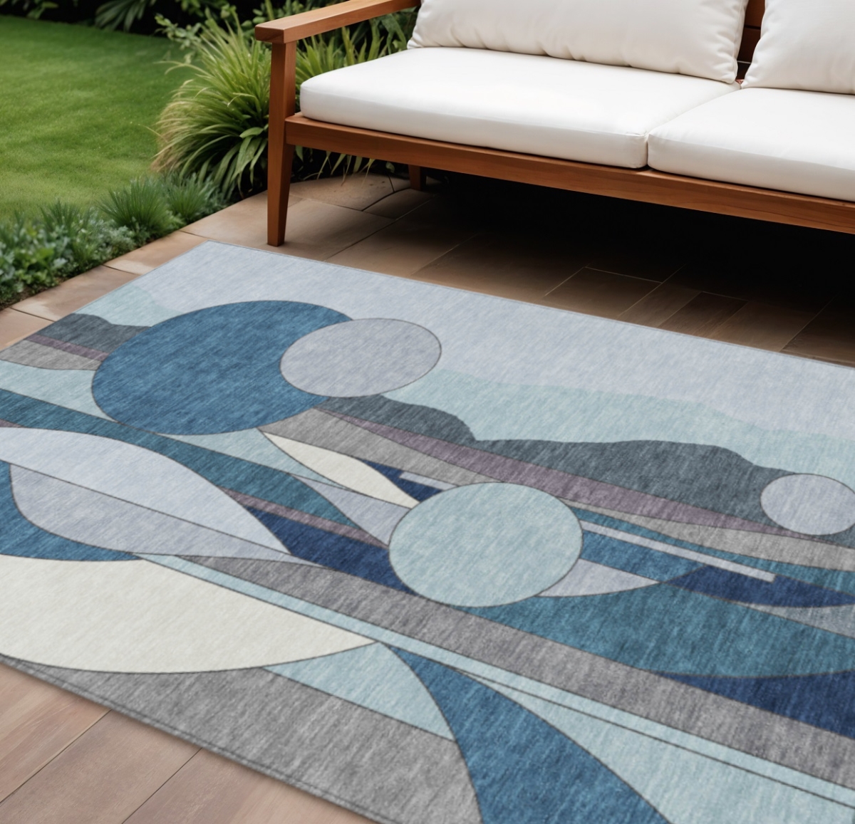 640512 9 x 12 ft. Blue & Ivory Geometric Washable Transitional Indoor & Outdoor Rectangle Area Rug