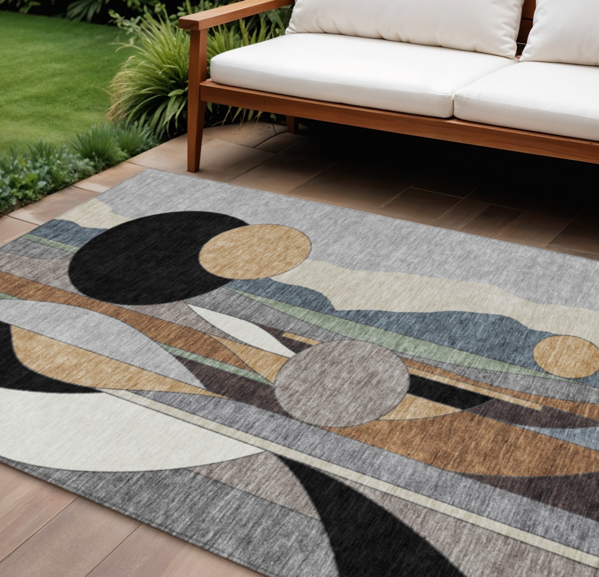 640524 9 x 12 ft. Gray Black & Gold Geometric Washable Transitional Indoor & Outdoor Rectangle Area Rug