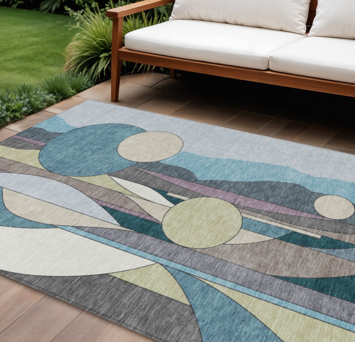 640531 10 x 14 ft. Teal Blue, Ivory & Green Geometric Washable Transitional Indoor & Outdoor Rectangle Area Rug