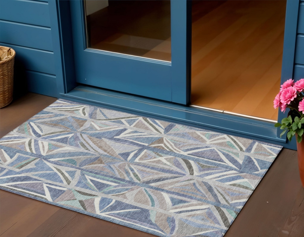 640538 3 x 5 ft. Denim Blue & Ivory Geometric Washable Transitional Indoor & Outdoor Rectangle Area Rug