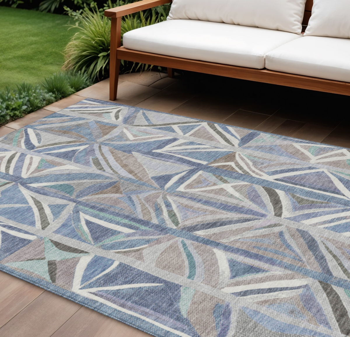 640542 9 x 12 ft. Denim Blue & Ivory Geometric Washable Transitional Indoor & Outdoor Rectangle Area Rug