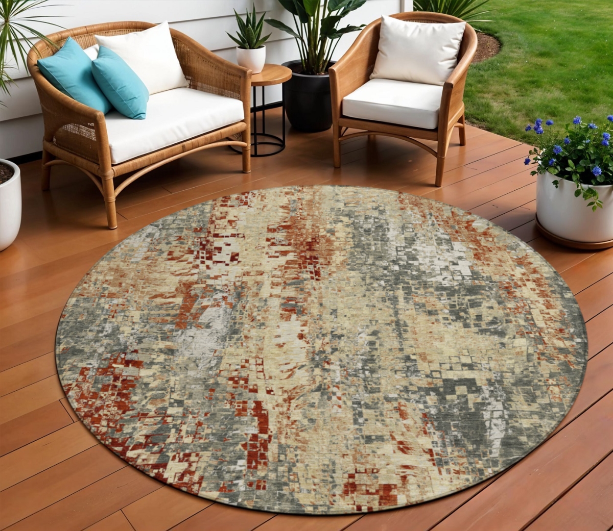 640582 8 ft. Pewter Rust & Gray Abstract Washable Transitional Indoor & Outdoor Round Area Rug