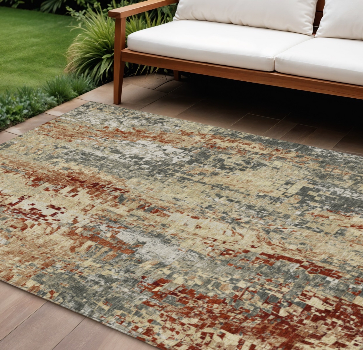 640585 10 x 14 ft. Pewter Rust & Gray Abstract Washable Transitional Indoor & Outdoor Rectangle Area Rug