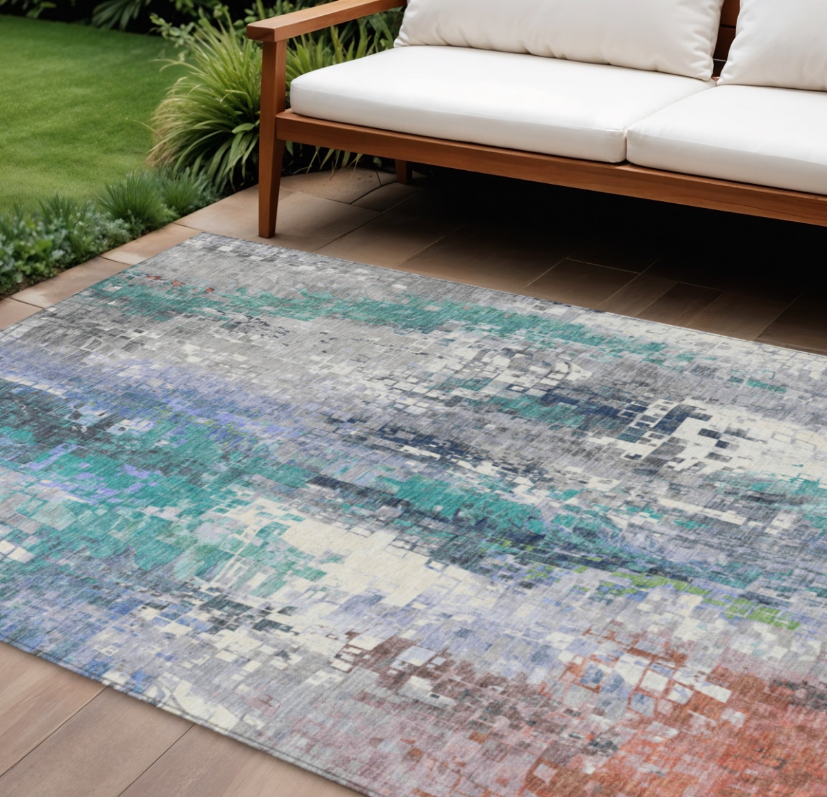 640596 9 x 12 ft. Teal Blue Ivory, Gray & Copper Abstract Washable Transitional Indoor & Outdoor Rectangle Area Rug