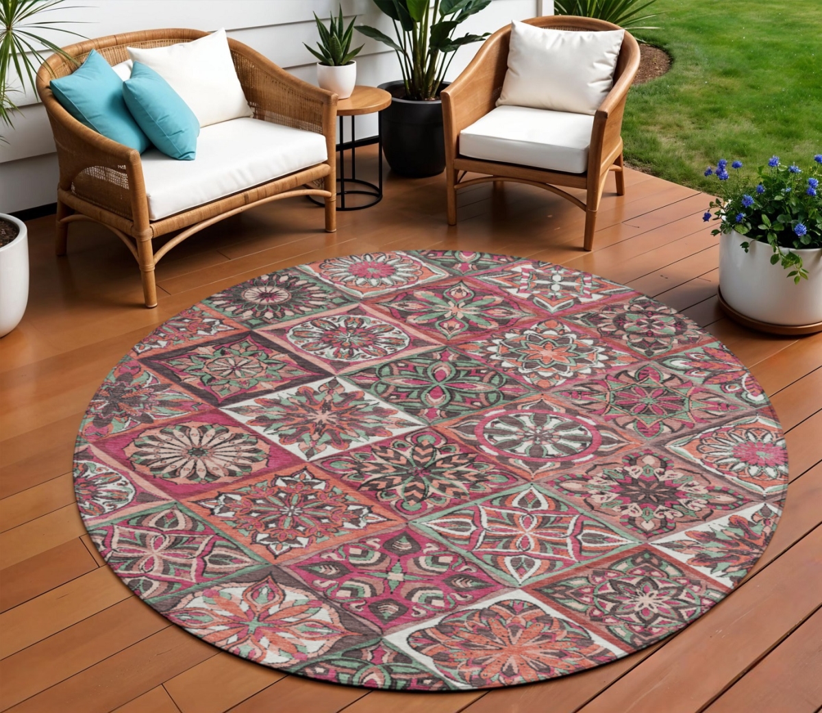 640624 8 ft. Blush & Green Patchwork Washable Transitional Indoor & Outdoor Round Area Rug