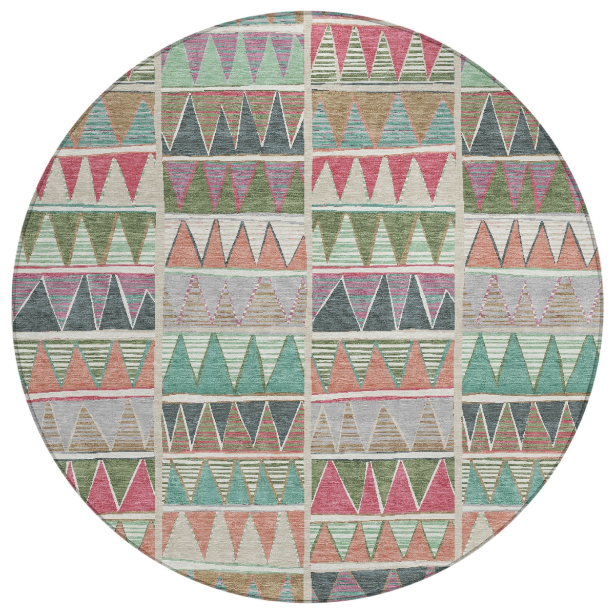 638629 8 ft. Salmon Ivory Olive Green & Blush Geometric Washable Transitional Indoor & Outdoor Round Area Rug
