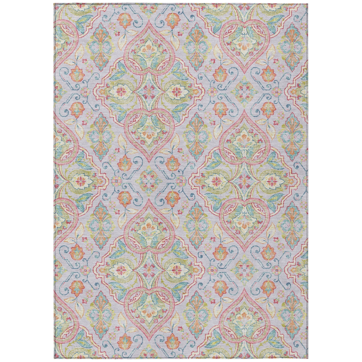 638679 9 x 12 ft. Lavender Artichoke Green & Pink Ogee Washable Transitional Indoor & Outdoor Rectangle Area Rug