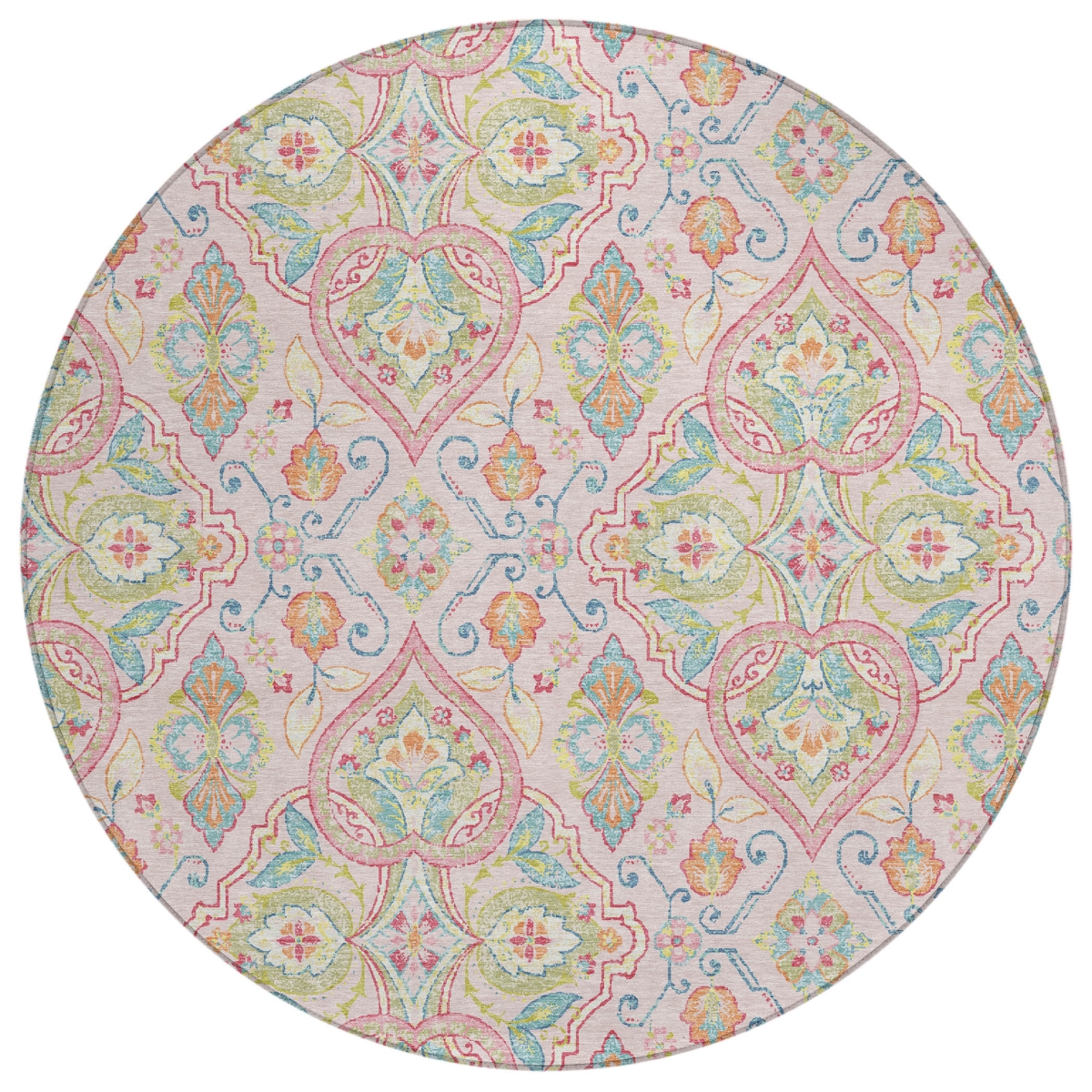 638683 8 ft. Pink Artichoke Green & Orange Ogee Washable Transitional Indoor & Outdoor Round Area Rug