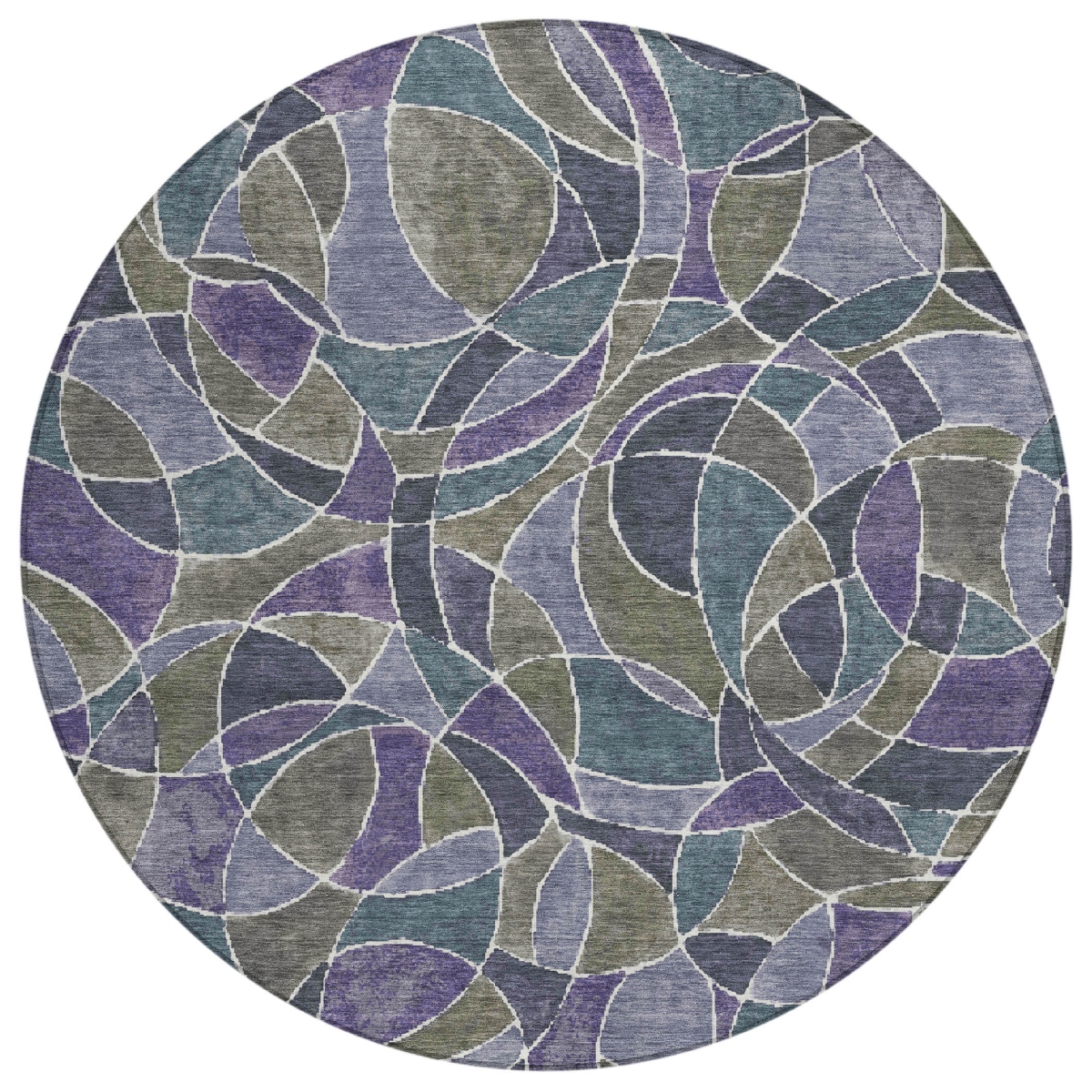 638737 8 ft. Purple Olive Green & Plum Geometric Washable Transitional Indoor & Outdoor Round Area Rug