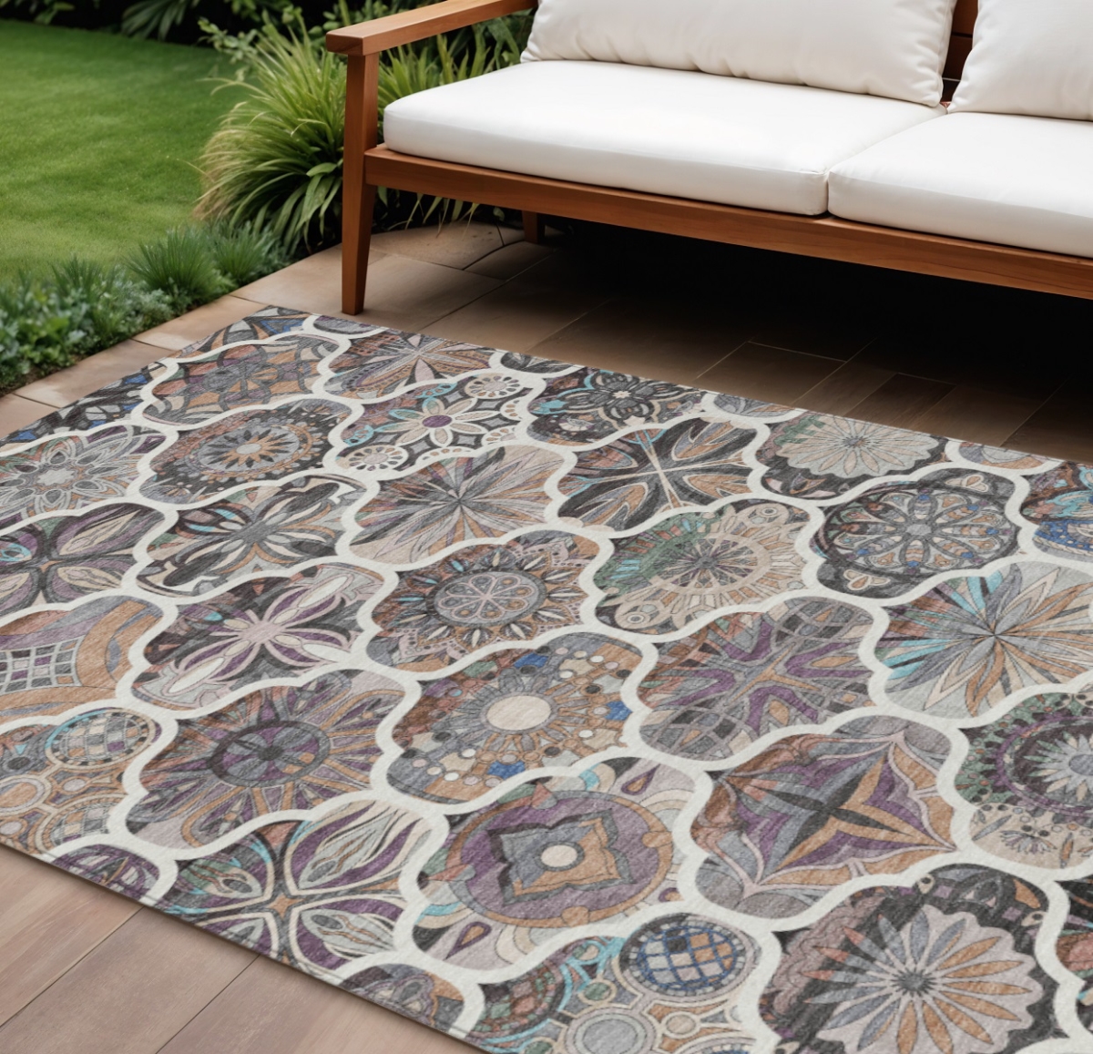 640668 9 x 12 ft. Gray Lavender & Ivory Quatrefoil Washable Transitional Indoor & Outdoor Rectangle Area Rug