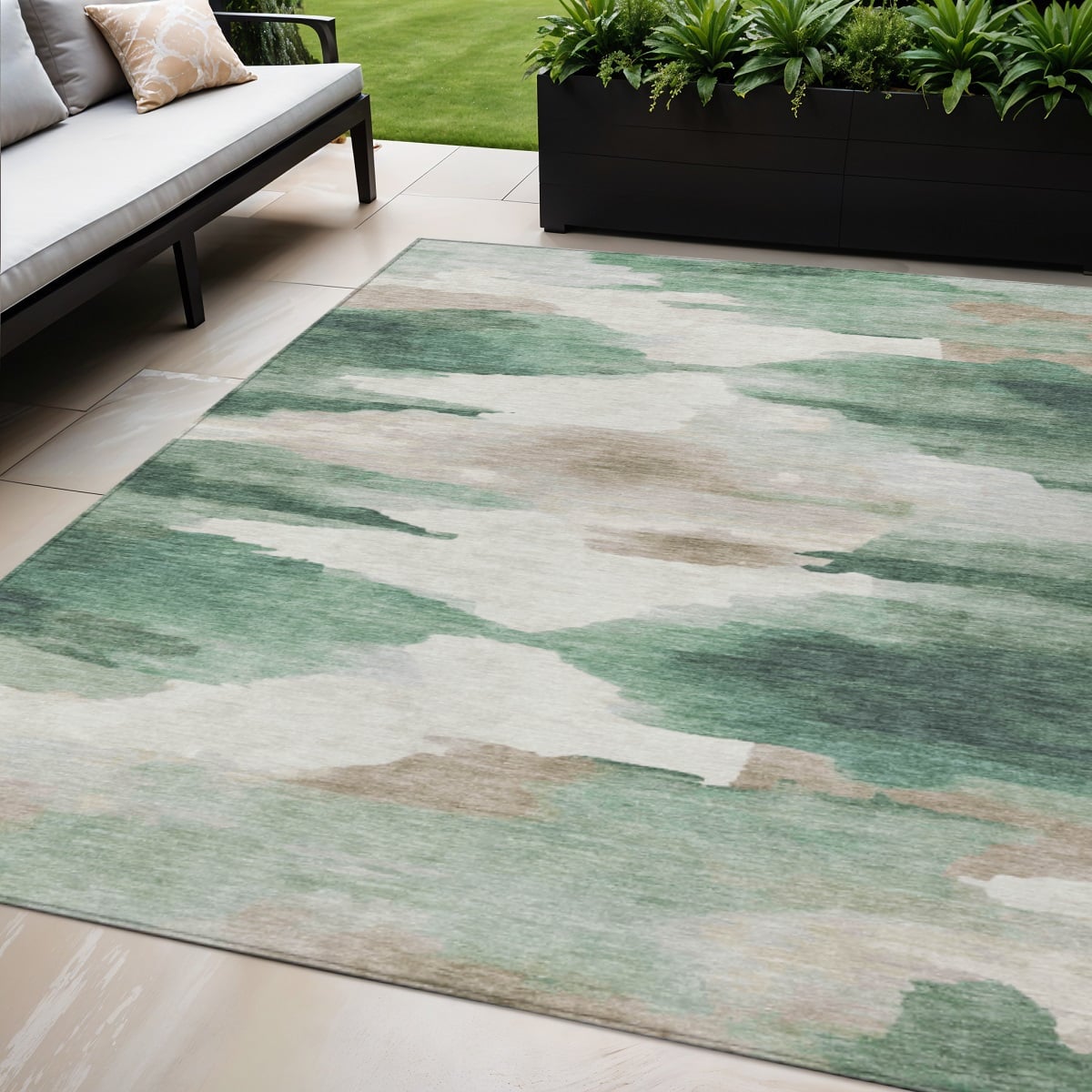 640787 5 x 8 ft. Green & Ivory Abstract Washable Transitional Indoor & Outdoor Rectangle Area Rug