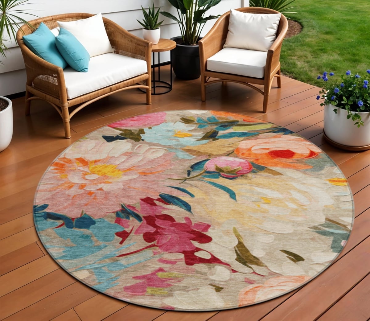 641178 8 ft. Beige Yellow Teal, Blue & Orange Floral Washable Transitional Indoor & Outdoor Round Area Rug