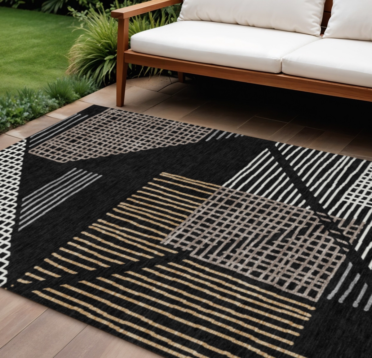 641383 8 x 10 ft. Black & Ivory Striped Washable Transitional Indoor & Outdoor Rectangle Area Rug