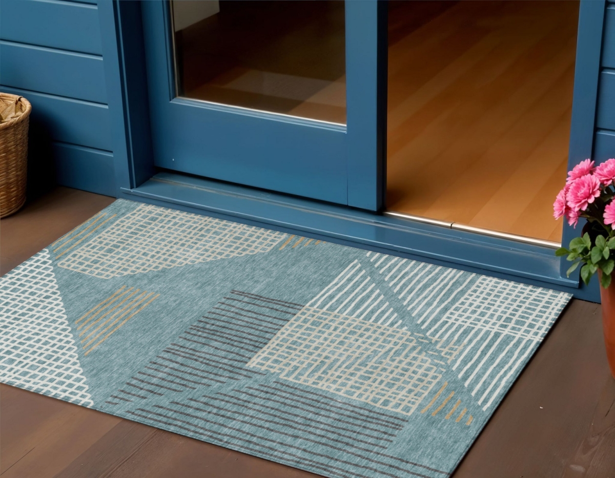 641416 3 x 5 ft. Teal, Blue & Ivory Striped Washable Transitional Indoor & Outdoor Rectangle Area Rug