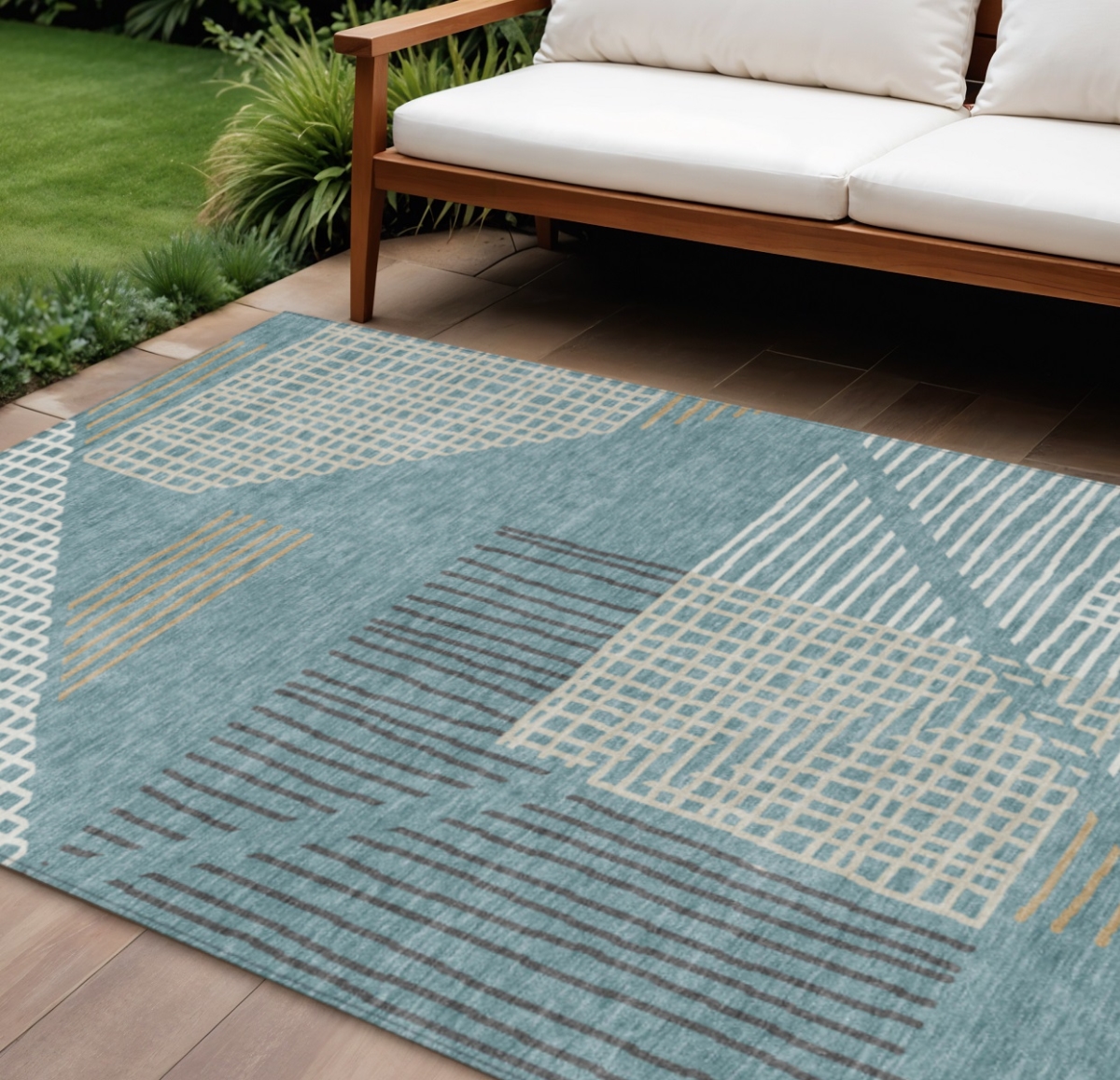 641420 9 x 12 ft. Teal, Blue & Ivory Striped Washable Transitional Indoor & Outdoor Rectangle Area Rug