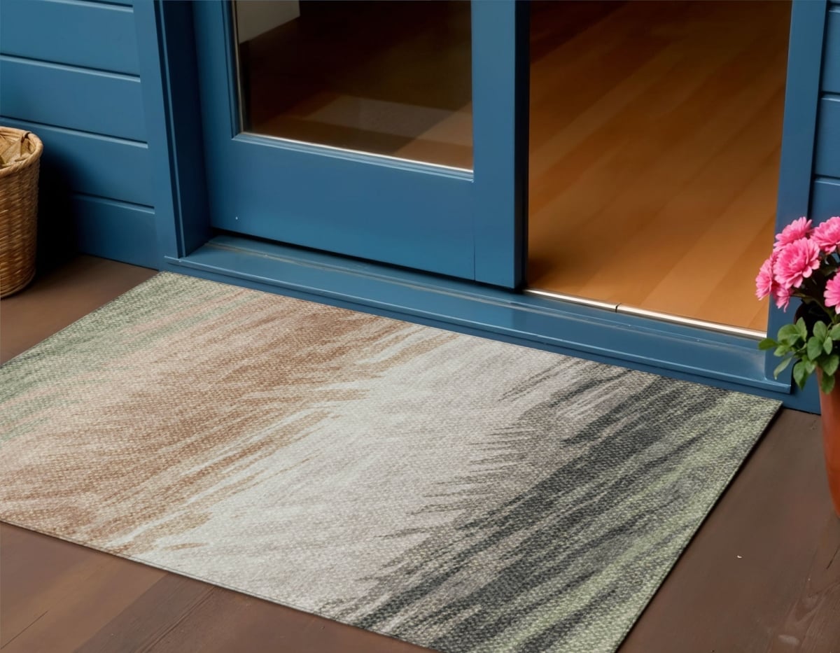 641482 3 x 5 ft. Fern Green, Ivory & Copper Striped Washable Transitional Indoor & Outdoor Rectangle Area Rug