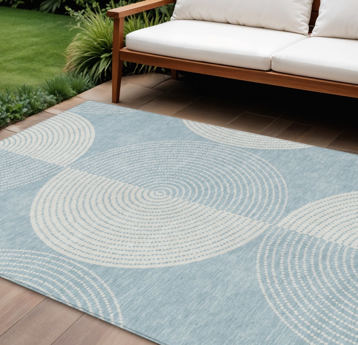 641606 9 x 12 ft. Denim Blue & Ivory Geometric Washable Transitional Indoor & Outdoor Rectangle Area Rug