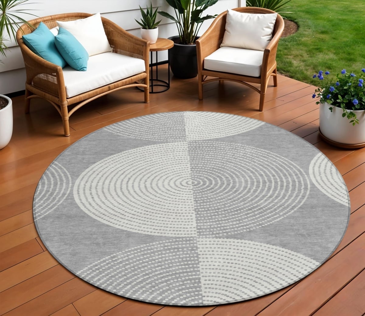 641616 8 ft. Gray & Ivory Geometric Washable Transitional Indoor & Outdoor Round Area Rug