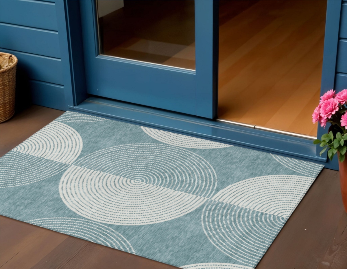 641632 3 x 5 ft. Teal, Blue & Ivory Geometric Washable Transitional Indoor & Outdoor Rectangle Area Rug