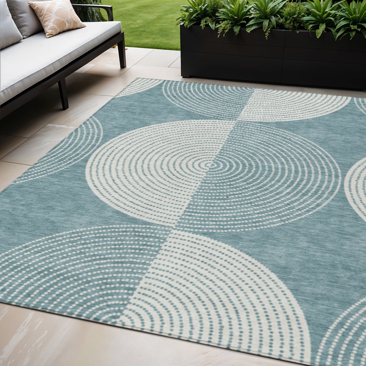 641633 5 x 8 ft. Teal, Blue & Ivory Geometric Washable Transitional Indoor & Outdoor Rectangle Area Rug